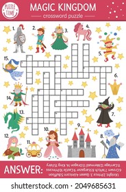 Vector fairytale crossword puzzle for kids. Simple magic kingdom quiz with fantasy creatures for children. Educational activity with knight, castle, princess, unicorn. Fairy tale cross word
