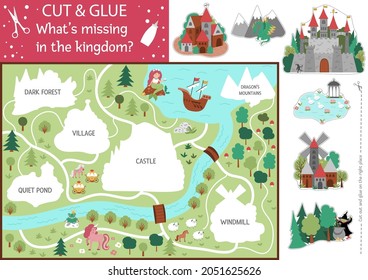 Vector fairytale cut and glue activity. Crafting game with cute magic kingdom map. Fun printable worksheet for children. Find the right piece of the puzzle. Complete the picture
