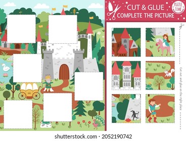 Vector fairytale cut and glue activity. Magic kingdom crafting game with cute castle scene with princess. Fun printable worksheet for children. Find the right piece of the puzzle. Complete the picture