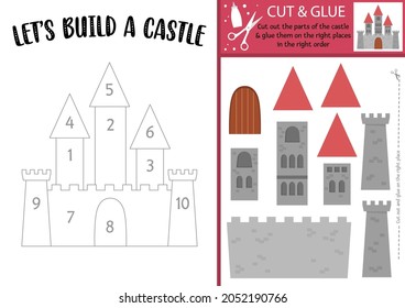 Vector fairytale cut and glue activity. Magic kingdom educational crafting game. Lets build a castle worksheet. Fairy tale printable page for kids with palace, towers.
