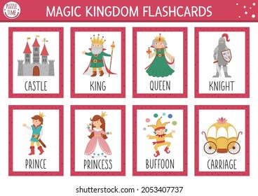 Vector fairytale flash cards set. English language game with cute castle, king, princess, queen for kids. Magic kingdom flashcards with fantasy characters. Simple educational printable worksheet.
