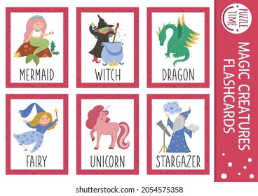 Vector fairytale flash cards set. English language game with cute dragon, mermaid, unicorn for kids. Fantasy creatures flashcards with fantasy characters. Simple educational printable worksheet.
