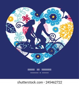 Vector fairytale flowers couple on tandem bicycle heart silhouette frame pattern greeting card template