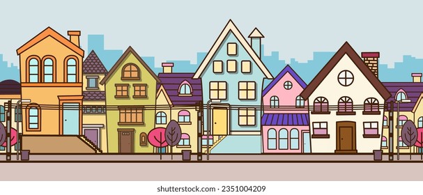 vector fairytale houses. colorful houses with roofs. tall houses vector illustration on blue background.