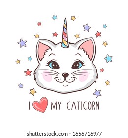 Vector fairytale illustration of cute unicorn cat and stars. Magic colorful cartoon background 