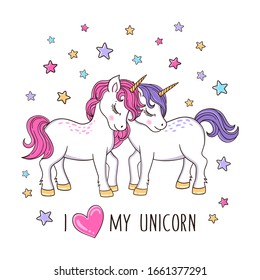 Vector fairytale illustration with a pair cute unicorns and stars. Magic colorful cartoon background 