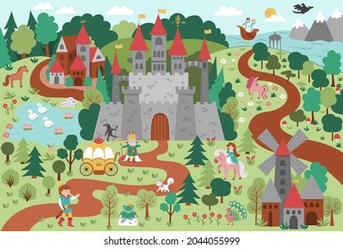 Vector fairytale kingdom illustration. Fantasy castle and characters picture. Cute magic fairy tale background with palace, sea, prince, princess, forest. Detailed medieval village landscape
 svg