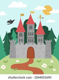 Vector fairytale landscape with castle on a hill. Fairy tale background. Magic kingdom picture. Scenery with medieval stone palace, towers, flags, trees, flying dragon. Fairy tale king house 