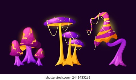 Vector Fairytale Magic Mushrooms. Alien Fungi Plants Possess Vibrant Colors, Granting Wishes To Those Who Find Them