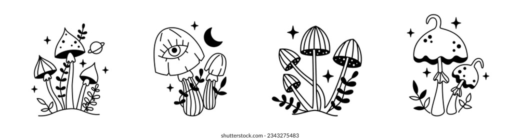 Vector fairytale magic set of black mushrooms and stars. Mystical psychedelic line fungi. Outline celestial elements. Fairytale gothic mushroom collection. Witchy esoteric mystic mushrooms with eyes.