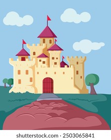 
Vector Fairy-tale Magical Castle Illustration Design. Beautiful fortress in a medieval kingdom from literature tales 
