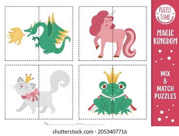 Vector fairytale mix and match puzzle with dragon, unicorn, cat in crown, frog prince. Matching magic kingdom activity for preschool kids. Educational printable game with fantasy characters
