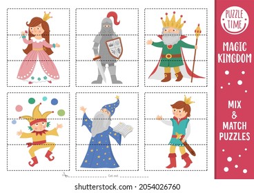 Vector fairytale mix and match puzzle with princess, king, knight, prince, stargazer. Matching magic kingdom activity for preschool kids. Educational printable game with fantasy characters
