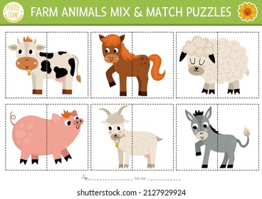 Vector fairytale mix and match puzzle with dragon, unicorn, cat in crown, frog prince. Matching magic kingdom activity for preschool kids. Educational printable game with fantasy characters
