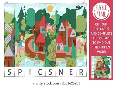 Vector fairytale scrambled picture. Cut and glue activity with hidden word. Magic kingdom crafting game with cute scene with princess. Fun printable worksheet for kids
