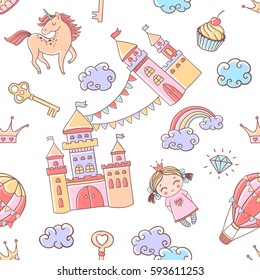 Vector fairytale seamless pattern with castles, hot air balloon, princess, unicorn, rainbow and crowns. Magic colorful background 