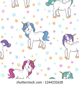 Vector fairytale seamless pattern with cute colorful unicorns and stars. Magic cartoon background 