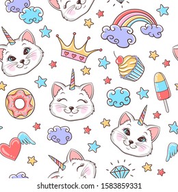 Vector fairytale seamless pattern with cute unicorn cats, clouds, cupcake, ice cream, diamond, donut, stars, rainbow and crown. Magic colorful background 