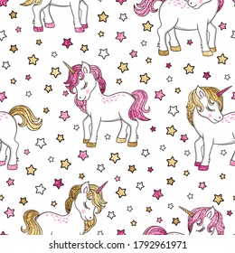 Vector fairytale seamless pattern with cute sparkle gold and pink glitter unicorns and stars. Magic colorful cartoon background