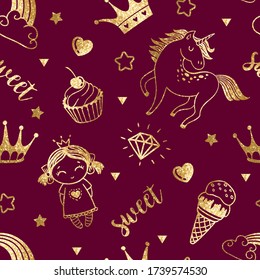 Vector fairytale seamless pattern with gold glitter clouds, cupcakes, ice cream, princess, unicorn, rainbow, hearts, stars and crowns. Magic purple cartoon background
