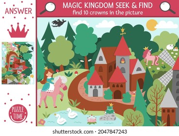 Vector fairytale searching game with medieval village landscape and princess. Spot hidden crowns in the picture. Simple fantasy seek and find magic kingdom educational printable activity for kids
