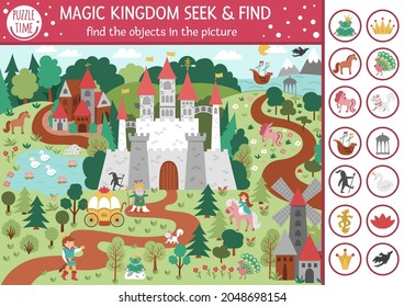 Vector fairytale searching game with medieval castle landscape. Spot hidden objects in the picture. Simple fantasy seek and find magic kingdom educational printable activity for kids
