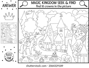 Vector fairytale searching game with medieval village landscape and princess. Spot hidden crowns in the picture. Simple fantasy seek and find magic kingdom educational printable activity for kids
