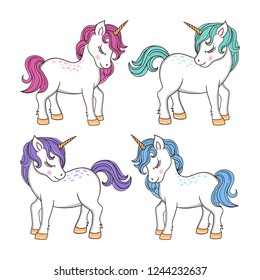 Vector fairytale set with cute colorful unicorns. Magic cartoon collection isolated on white background