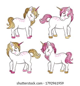 Vector fairytale set with cute sparkle gold and pink glitter unicorns. Magic colorful cartoon collection isolated on white background