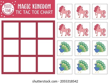 Vector Fairytale Tic Tac Toe Chart With Unicorn And Peacock. Fairy Tale Holiday Board Game Playing Field With Fantasy Characters. Funny Magic Kingdom Printable Worksheet. Noughts And Crosses Grid