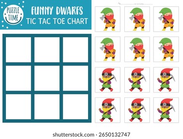 Vector fairytale tic tac toe chart with cute dwarfs. Fantasy board game playing field with fantasy character. Funny printable worksheet. Magic forest noughts and crosses grid with gnome