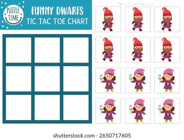 Vector fairytale tic tac toe chart with cute dwarfs. Fantasy board game playing field with fantasy character. Funny printable worksheet. Noughts and crosses grid with gnome boy and girl