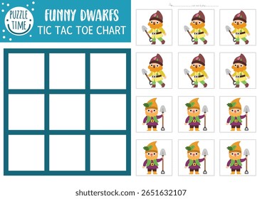 Vetor conto de fadas tic tac toe chart com anões de jardim bonito. Jogo de tabuleiro de fantasia com personagem de fantasia. Planilha engraçada imprimível. Noughts de floresta mágica e cruza grade com gnome