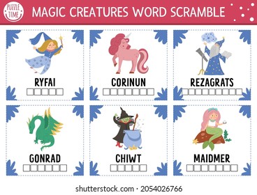 Vector fairytale word scramble activity page. English language game with dragon, mermaid, unicorn for kids. Fantasy creatures holiday family quiz. Simple educational printable worksheet.
