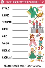 Vector fairytale word scramble activity page. English language game with castle, king, princess, queen for kids. Magic kingdom holiday family quiz. Simple educational printable worksheet.
