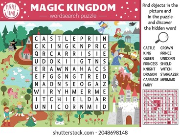 Vector fairytale wordsearch puzzle for kids. Simple magic kingdom crossword with fantasy creatures for children. Activity with knight, castle, princess, unicorn. Fairy tale cross word
