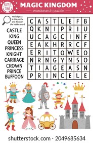 Vector fairytale wordsearch puzzle for kids. Simple magic kingdom crossword with fantasy creatures for children. Activity with knight, castle, princess, king, prince, crown. Fairy tale cross word