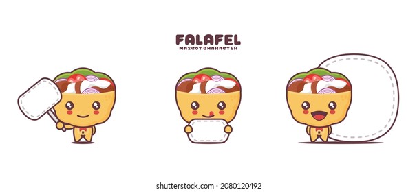 Vector Falafel Sandwich Cartoon Mascot, Middle Eastern Traditional Food Illustration, With Blank Board Banner, Isolated On A White Background.