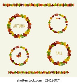 Vector fall, autumn badges with colorful leaves on light background