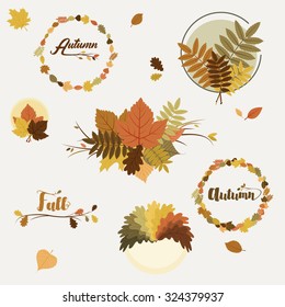 Vector fall, autumn badges, decoration with colorful leaves on light background