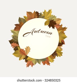 Vector fall, autumn badges, decoration, circle frame with colorful leaves on light background
