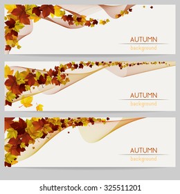Vector fall, autumn decoration banners with colorful leaves and stripes on light background