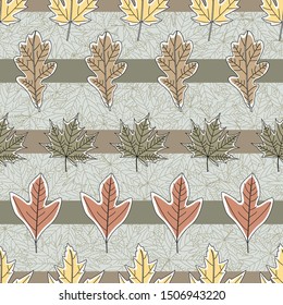 Vector Fall Autumn Leaves in Orange Gold Green Brown on Stripes Seamless Repeat Pattern