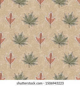 Vector Fall Autumn Leaves in Orange Green on Brown Background Seamless Repeat Pattern