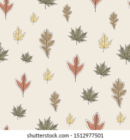 Vector Fall Autumn Leaves in Orange Gold Green Brown on Beige Seamless Repeat Pattern