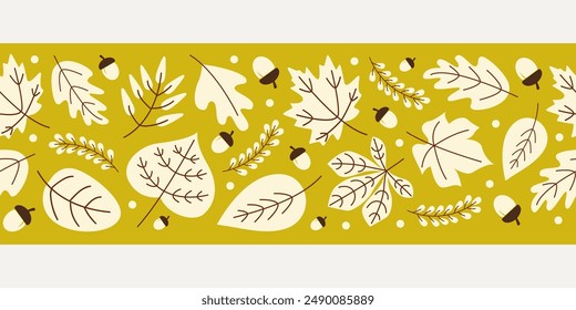 Vector fall banner with autumn leaves and acorns on a green background. Horizontal border with seasonal elements.