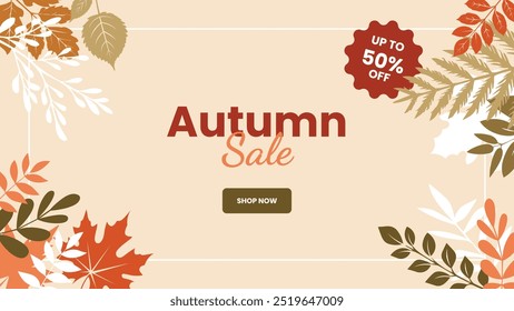 Vector fall banner. Autumn banner with sale ad lettering text composition and colorful fall leaves on beige background. Beautiful autumn background with different leaves. Leaves decoration banner