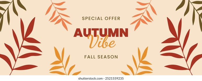 Vector fall banner. Autumn banner with sale ad lettering text composition and colorful fall leaves on beige background. Beautiful autumn background with different leaves. Fall foliage decoration.