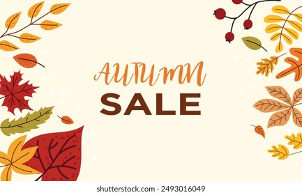 Vector fall banner. Beautiful autumn background with different leaves. Leaves decoration banner. Fall foliage decoration. October, september, november season poster. Isolated background. 