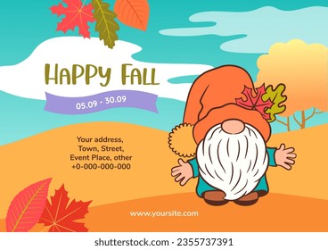 Vector fall banner with cute gnome horizontal design. Autumn yellow orange background with copy space. Cartoon dwarf character mascot. Fall banner, web site, flyer, autumn event ads design.